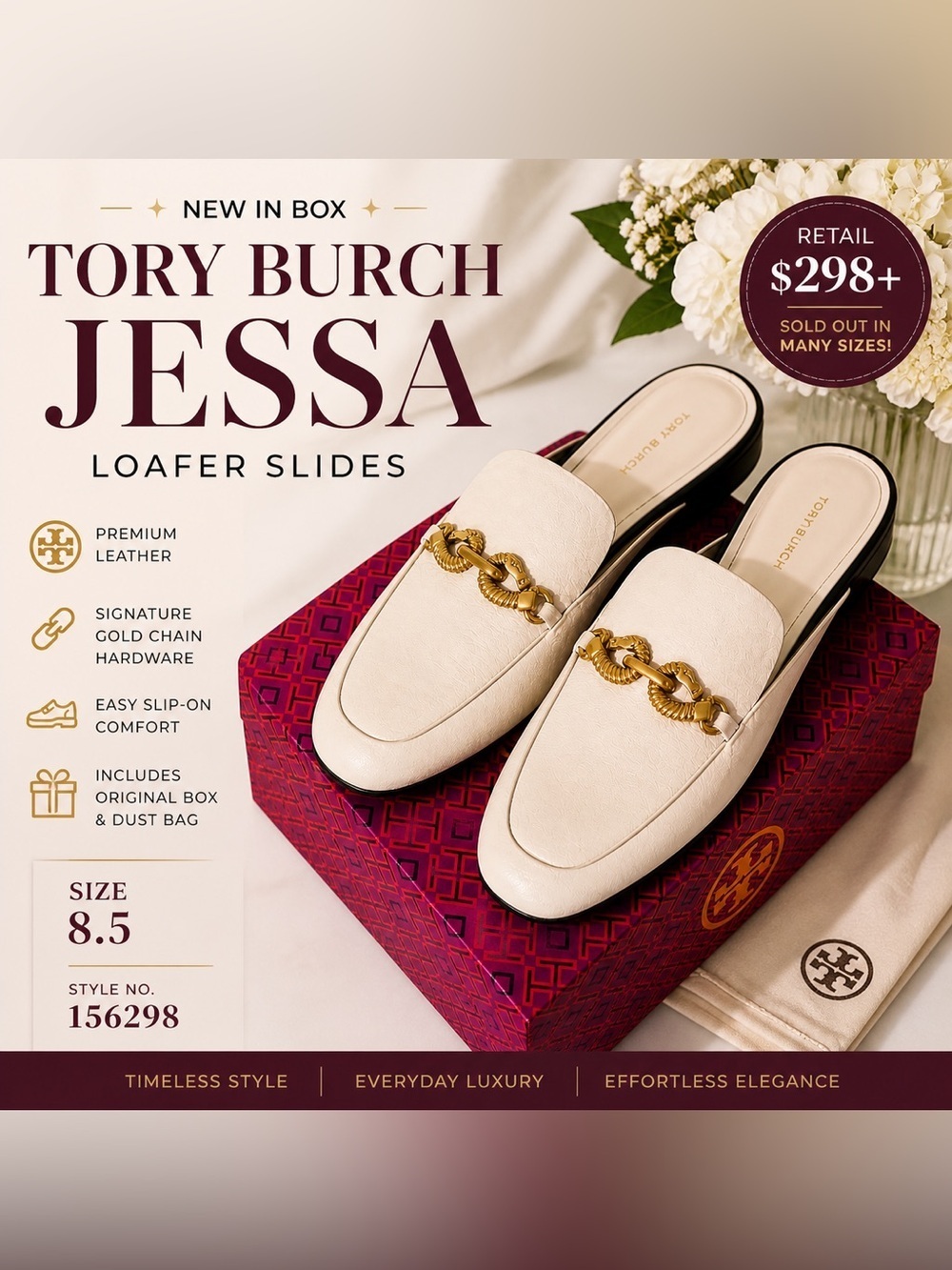 Tory Burch Jessa Loafer Slides Cream Leather Gold Chain Mules NIBOX Size 8.5